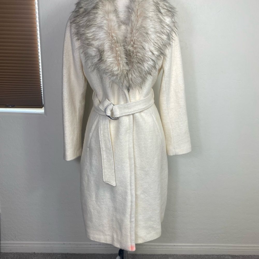 Guess Cream Coat with Faux Fur Collar